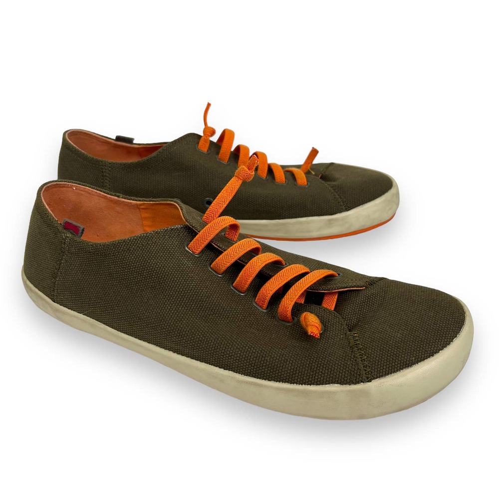 Camper Peu Rambla - Olive Canvas Sneakers with Orange Laces - Men